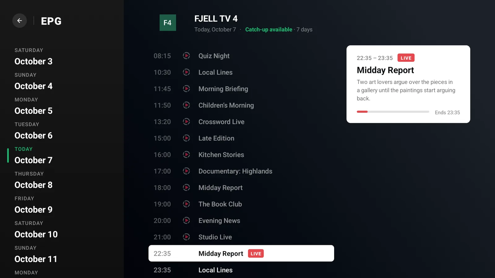 Kine programme guide showing a week of days and a schedule