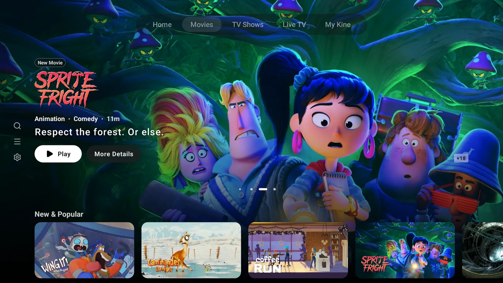 Kine on a TV: the Movies tab with a featured film and a New & Popular row