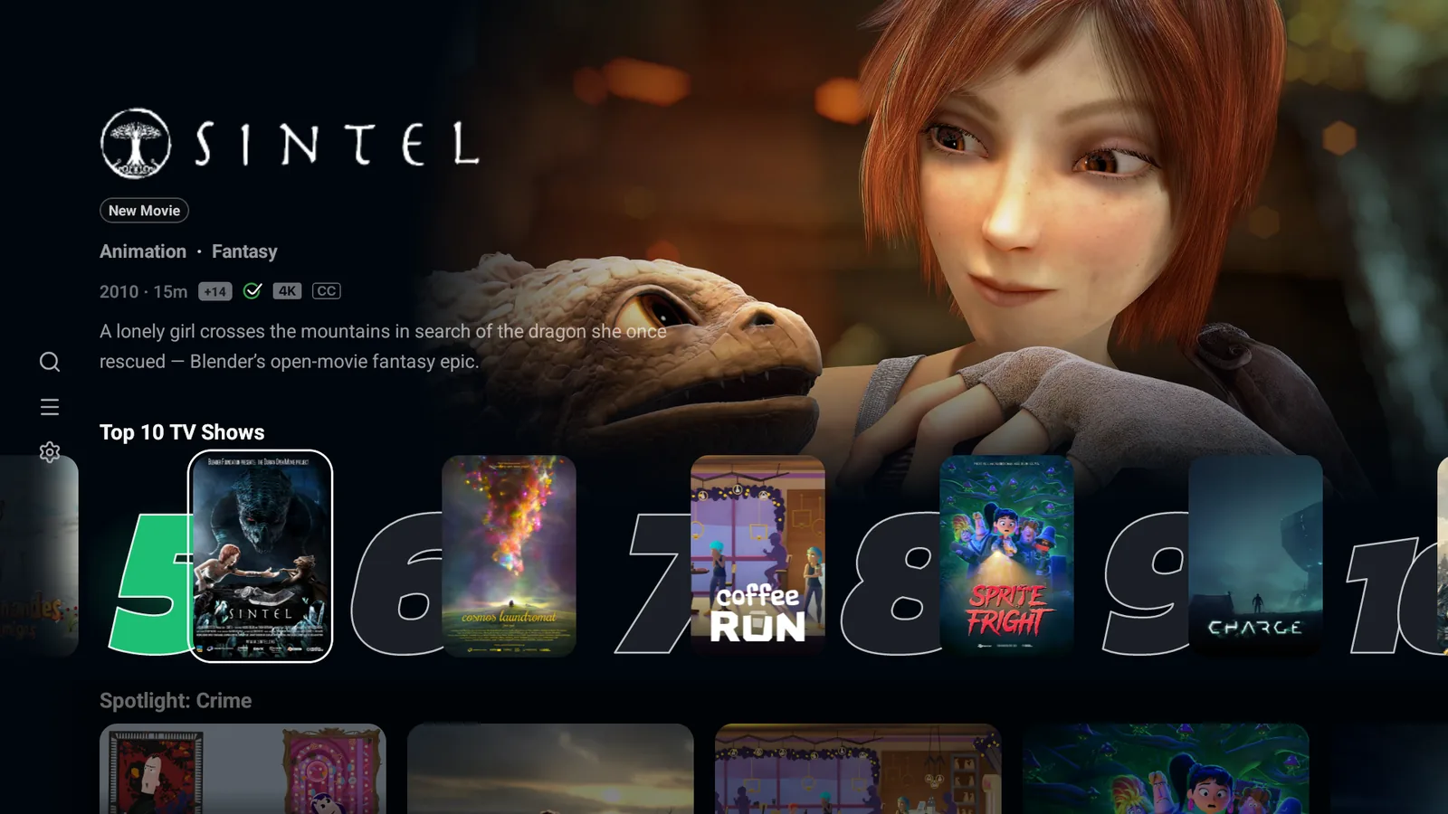 Kine home screen with a featured film and rows of titles