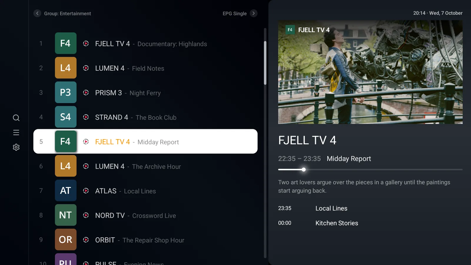 Kine live TV screen with a channel list and live preview