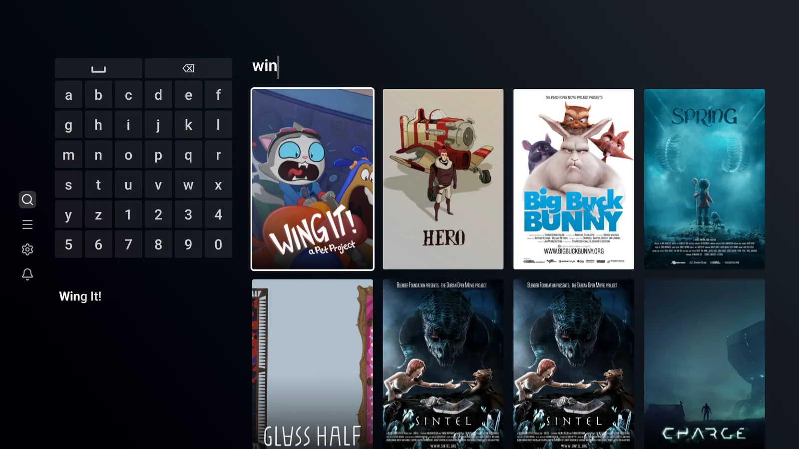 Kine search screen with an on-screen keyboard and results